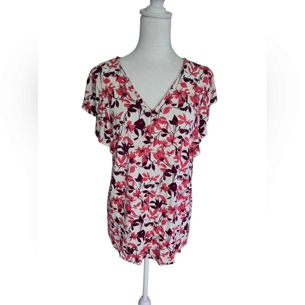 Liz Claiborne Floral Flutter Sleeve V-Neck Soft Rayon Summer Top Size L